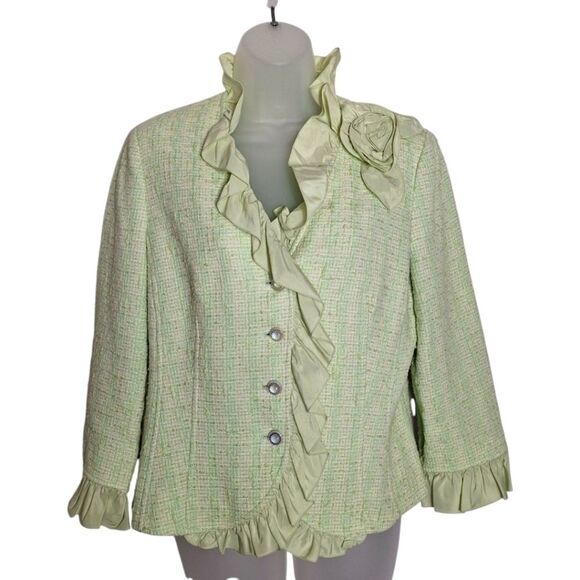 Teri Jon Rickie Freeman Womens Ruffle Tweed Blazer Coquette Distressed Size 12 - Picture 1 of 13